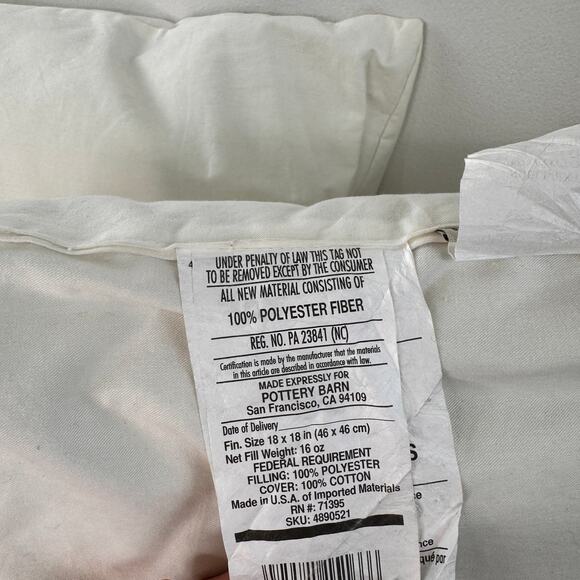 Set of 2 Pottery Barn White Pillow Inserts Cotton Square 18x18 - Picture 3 of 3